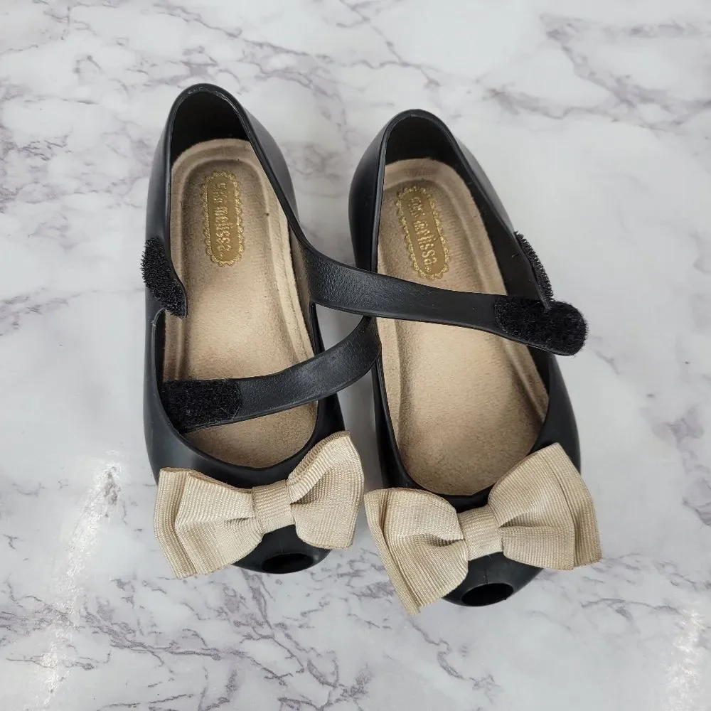 Mini Melissa Peep Toe Black Mary Jane Kids Shoes with Bow Rubber Jelly Dress